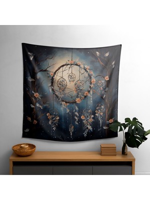 Bohemian Dreamcatcher Mehtaplı Gece Duvar Örtüsü -  Pamuk Arka, Polyester Ön - Canlı Renkler