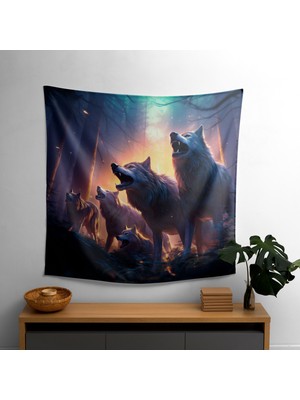 Mehtaplı Mistik Orman Kurtları Duvar Örtüsü | Ranforce Pamuk Sırtlı, Süblimasyon Baskı, Canlı