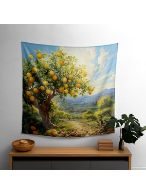 Renkli Yağlıboya Limon Ağacı Duvar Örtüsü -  Pamuk Sırt, Polyester Ön - Ranforce Kumaş,