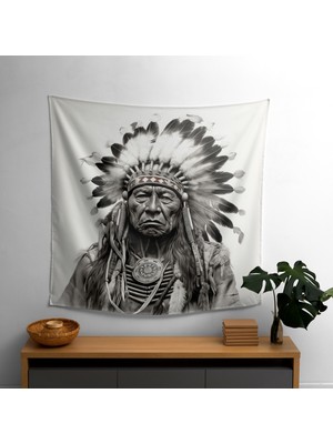 Görkemli Kızılderili Şef Duvar Örtüsü - Canlı Renkler, Süblimasyon Baskı,  Pamuk Sırt,