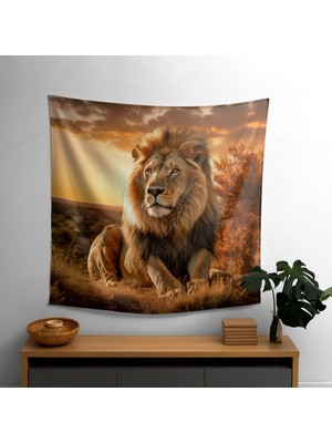 Majestic Lion's Gaze Duvar Örtüsü -  Pamuk Sırt, Polyester Ön - Yatak Odası, Oturma Odası,