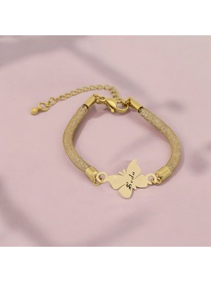 Archin Kadınlar İçin Kelebek Motifli 14 Ayar Altın Plakalı İsme Özel Bileklik-366İsim-SW