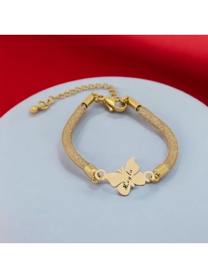 Archin Kelebek Motifli 14 Ayar Altın Plakalı Kadınlar İçin İsme Özel Bileklik-366İsim-SW