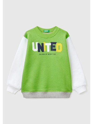 United Colors Of Benetton Erkek Çocuk Fıstık Yeşili Benetton Logo Baskılı Bisiklet Yaka Sweatshirt