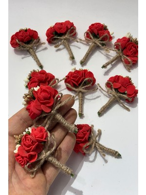 Kırmızı Gold Cipsolu Güllü Damat Yaka Çiçeği Sağdıç Çiçeği 10 Adet