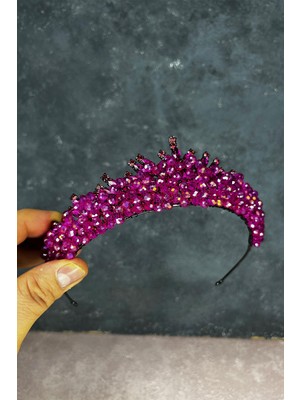 Fuşya Edis Boncuk Işlemeli Gelin Kına Tacı