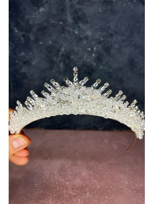Şeffaf Gümüş Edis Boncuk Işlemeli Gelin Kına Tacı