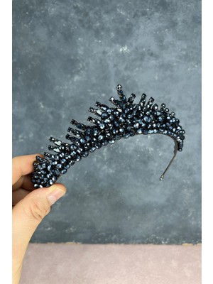 Lacivert Edis Boncuk Işlemeli Gelin Kına Tacı