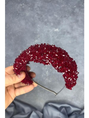 Bordo Asu Yoğun Boncuk Işlemeli Gelin Kına Tacı