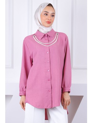 İmaj Butik Gül Kurusu İnci Kolyeli Keten Gömlek