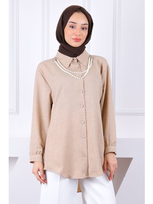 İmaj Butik Vizon İnci Kolyeli Keten Gömlek