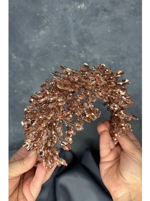 Rose Rengi Elena Yoğun Boncuk Işlemeli Gelin Tacı Saç ve Türban Aksesuarı