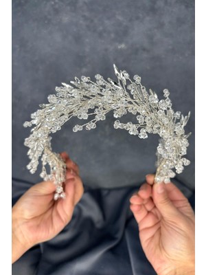 Şeffaf Gümüş Hera Kristal Boncuklu Gelin Kına Tacı Saç ve Türban Aksesuarı