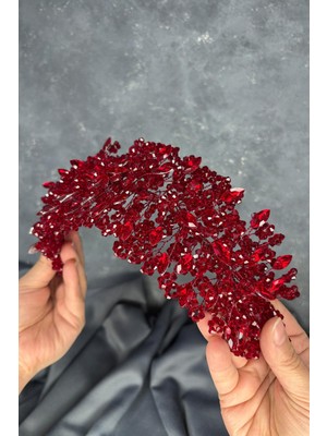 Bordo Elena Yoğun Boncuk Işlemeli Gelin Tacı Saç ve Türban Aksesuarı