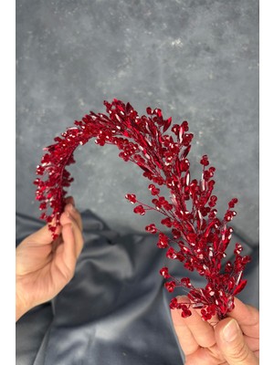 Bordo Hera Kristal Boncuklu Gelin Kına Tacı Saç ve Türban Aksesuarı