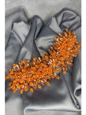 Turuncu Elena Yoğun Boncuk Işlemeli Gelin Tacı Saç ve Türban Aksesuarı