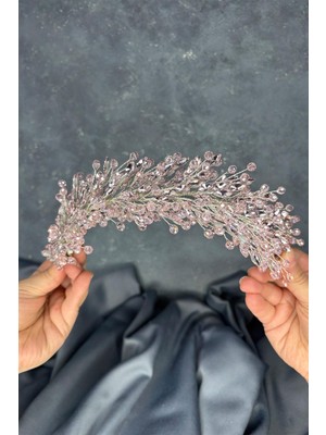 Açık Pembe Elisa Boncuklu Gelin Kına Tacı Saç ve Türban Aksesuarı