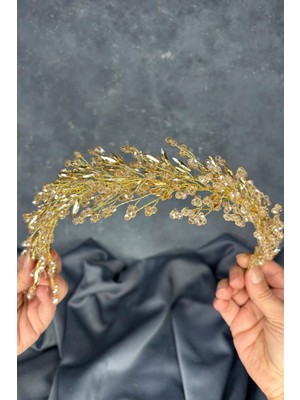 Bal Rengi Hera Kristal Boncuklu Gelin Kına Tacı Saç ve Türban Aksesuarı