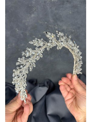 Şeffaf Gümüş Defne Gelin Tacı Saç ve Türban Aksesuarı