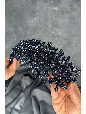 Lacivert Elena Yoğun Boncuk Işlemeli Gelin Tacı Saç ve Türban Aksesuarı