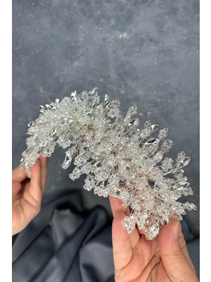 Şeffaf Gümüş Elena Yoğun Boncuk Işlemeli Gelin Tacı Saç ve Türban Aksesuarı