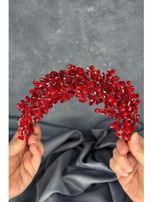 Kırmızı Elisa Boncuklu Gelin Kına Tacı Saç ve Türban Aksesuarı