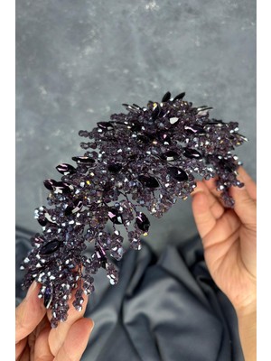 Mor Elena Yoğun Boncuk Işlemeli Gelin Tacı Saç ve Türban Aksesuarı