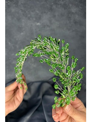 Açık Yeşil Hera Kristal Boncuklu Gelin Kına Tacı Saç ve Türban Aksesuarı