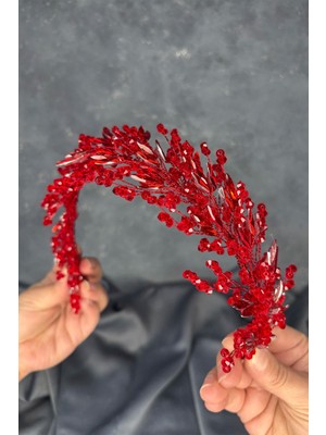 Kırmızı Hera Kristal Boncuklu Gelin Kına Tacı Saç ve Türban Aksesuarı