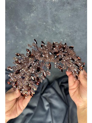 Açık Mürdüm Elena Yoğun Boncuk Işlemeli Gelin Tacı Saç ve Türban Aksesuarı