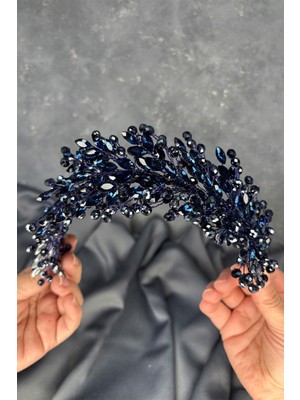 Lacivert Elisa Boncuklu Gelin Kına Tacı Saç ve Türban Aksesuarı