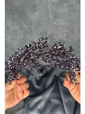 Mor Hera Kristal Boncuklu Gelin Kına Tacı Saç ve Türban Aksesuarı