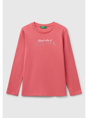 United Colors Of Benetton Kız Çocuk Fuşya Simli Benetton Logo Baskılı T-Shirt
