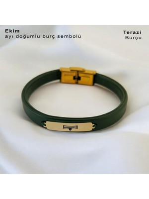 Archin Dikdörtgen Figürlü Özgün Derili Kadınlara Özel 14 Ayar Altın Plakalı Doğum Ay Bilekliği-367AY-YEŞIL