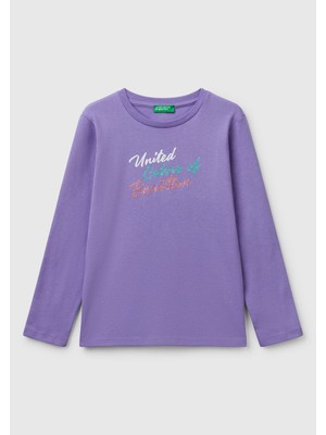 Kız Çocuk Mor Simli Benetton Logo Baskılı T-Shirt