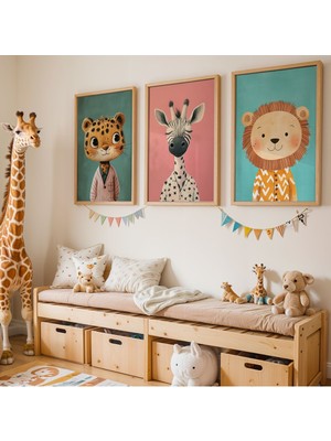 3'lü Leopar, Zebra ve Aslan Doğal Ahşap Çerçeveli Çocuk Odası Tablosu
