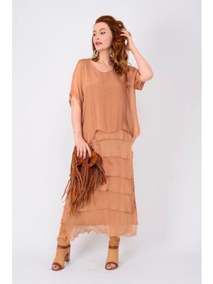 Italyan 2 Beden Ince Gösteren Yarım Kol Kat Kat Ipek Elbise