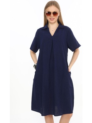 Yarım Kol V Yaka  Keten Elbise