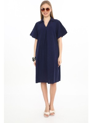 Yarım Kol V Yaka  Keten Elbise