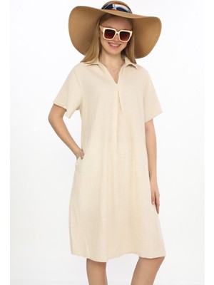 Yarım Kol V Yaka  Keten Elbise