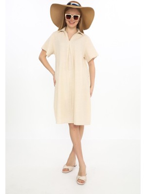 Yarım Kol V Yaka  Keten Elbise