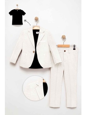 Miniğimin Cicileri Blazer Ceket, Pantolon ve Tişört 3'lü Erkek Çocuk Takım Elbisesi - Krem