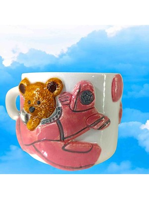 Bonita Bon Luxe 3D Kabartma El Emeği Göz Nuru Pembe Uçak Seramik MUG 200 ml