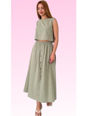 Boombester Kadın Düğmeli %100 Pamuk Flam Uzun Etek - Bohem Etek