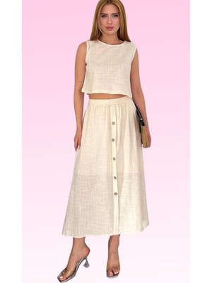 Boom Bester Boombester Kadın Düğmeli %100 Pamuk Flam Uzun Etek - Bohem Etek