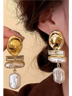 Gold  Kristal Taşlı Ezme Inci Sallantılı Model Küpe
