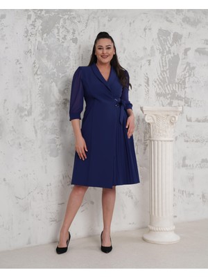 Eteği Pliseli Büyük Beden Lacivert Abiye