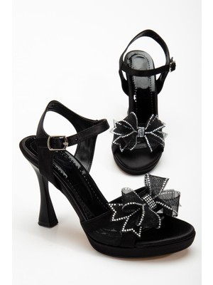 Kadın Platform Abiye Ayakkabı Siyah Fiyonklu Saten