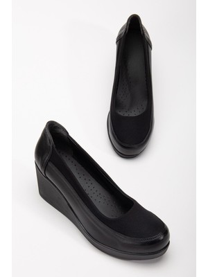 Kadın Dolgu Topuk Ayakkabı Siyah Streç Ortopedik