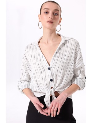 Fabrika V Yaka Çizgili Ekru - Mavi Kadın Bluz F5SL-BLZ0123